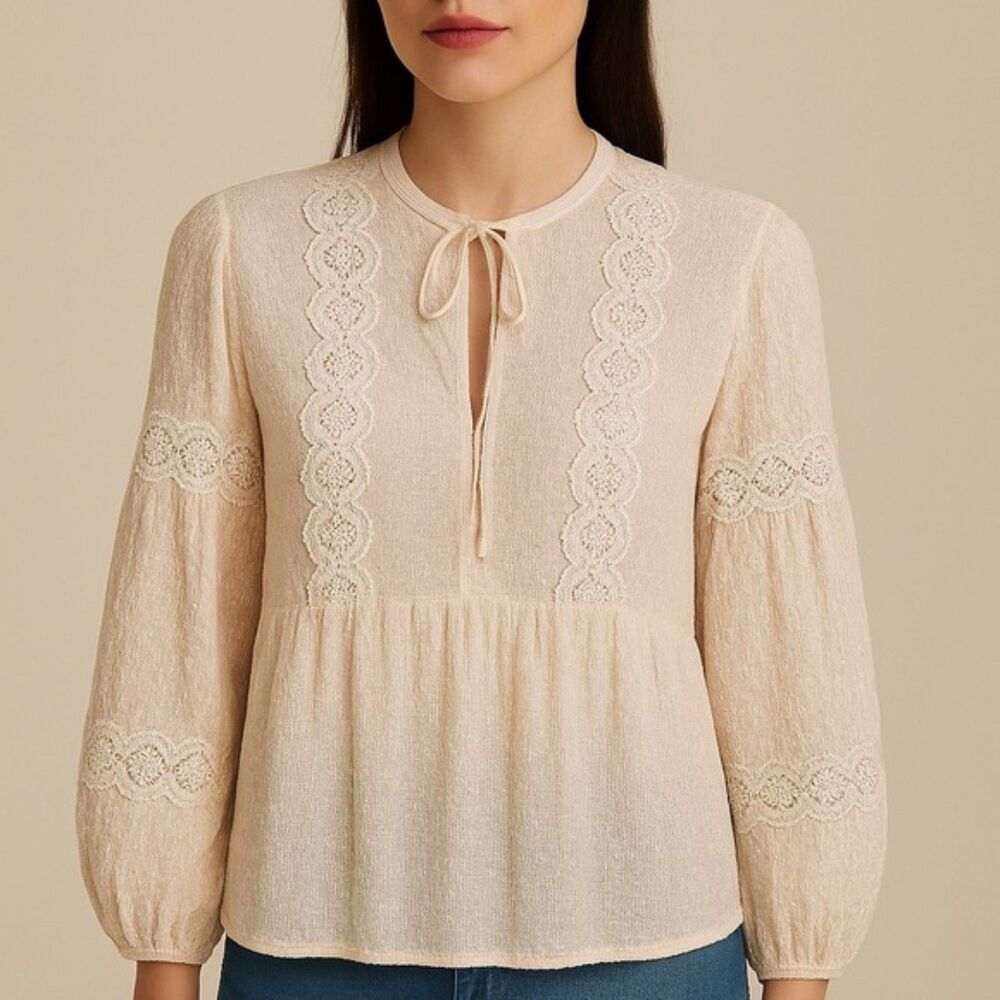 NWT Blue B Top Women’s Size Small Cream Lace Cottagecore Peasant Blouse Academia